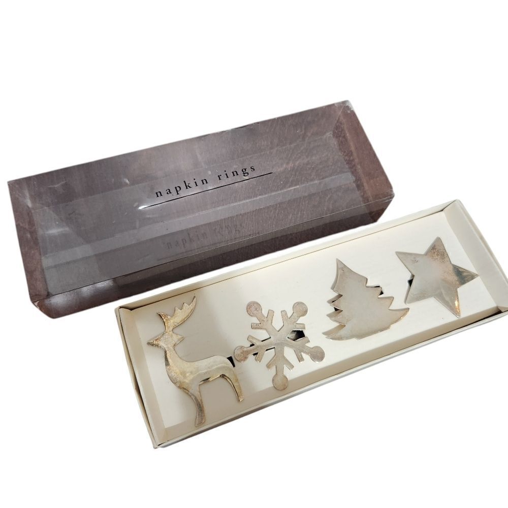 Vtg Pier 1 Imports Napkin Rings Silver Plated Set of 4 Christmas Tree Star India